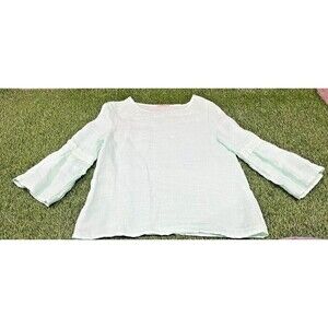 Francesca Bettini Italian Made Eyelet Trim Bell Sleeve Linen Top sz M Mint Green